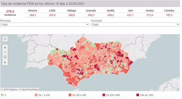 Mapa de Andalucía con nivel de incidencia Covid por municipios a 22 de febrero de 2021