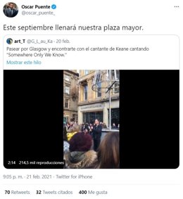 Tuit del alcalde de Valladolid sobre el concierto de Keane.