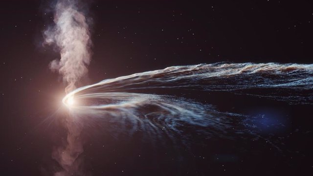 Después de que el agujero negro supermasivo desgarró la estrella, aproximadamente la mitad de los restos de la estrella se arrojaron al espacio, mientras que el resto formó un disco de acreción brillante alrededor del agujero negro.
