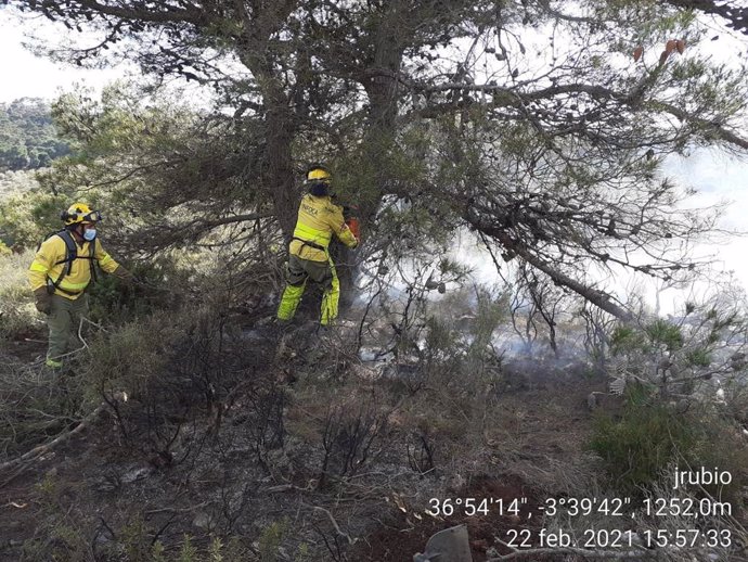 Efectivos del Infoca en un paraje afectado por un incendio en Vélez de Benaudalla