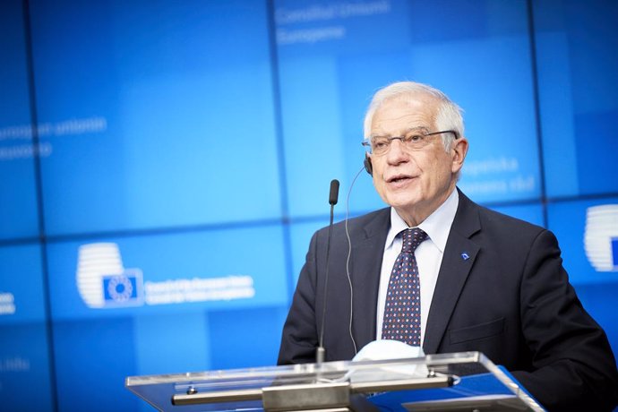 HANDOUT - 22 February 2021, Belgium, Brussels: European Union High Representative for Foreign Affairs and Security Policy Josep Borrell speaks during a press conference after an EU Foreign Ministers meeting. Photo: Mario Salerno/European Council/dpa - A