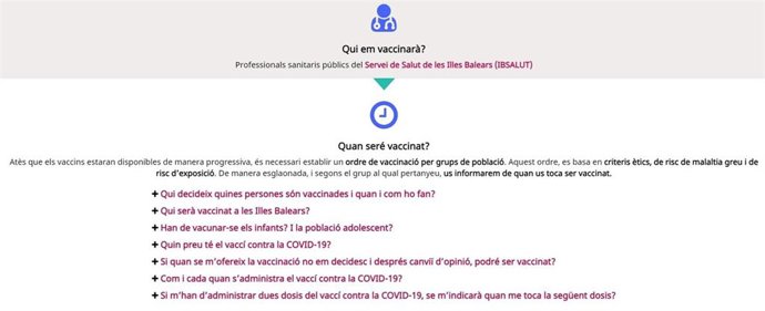 Algunas de las preguntas que recoge la nueva página web que el Govern ha habilitado para resolver dudas sobre la vacunación contra el coronavirus.