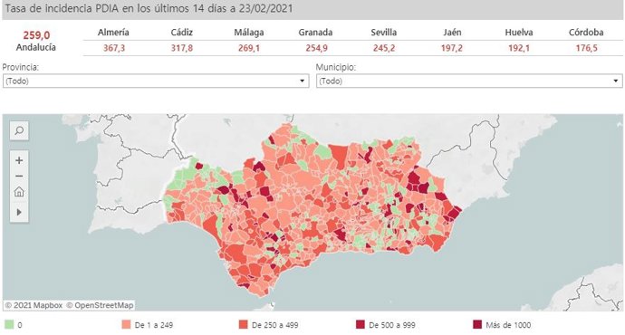 Mapa de incidencia del Covid-19 en Andalucía por municipios a 23 de febrero de 2021