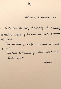Carta del papa Francisco dirigida a un matrimonio valenciano