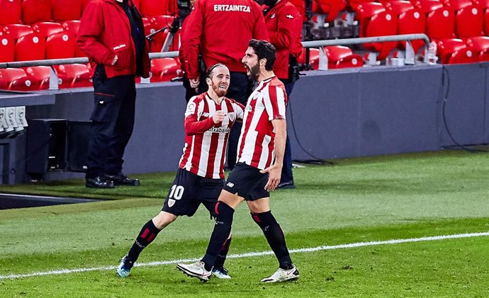 Raul Garcia of Athletic Club celebrating his goal with Iker Muniain of Athletic Club during the Spanish league, La Liga Santander, football match played between Athletic Club and Getafe CF at San Mames stadium on January 25, 2021 in Bilbao, Spain.