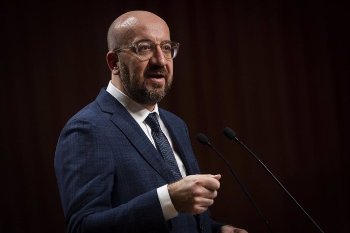 17 February 2021, Poland, Krakow: Charles Michel, President of the European Council, speaks during a joint press conference after a meeting with the Visegrad cooperation (V4 group) leaders during the 30th anniversary of Visegrad cooperation at Wawel Cas