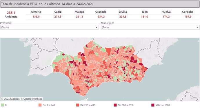 Mapa de incidencia del Covid-19 en Andalucía por municipios a 24 de febrero de 2021