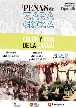 Cartel de la exposición "Peñas de Zaragoza. Color y vida de la ciudad"