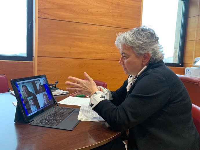 Archivo - La alcaldesa de Gijón, Ana González, durante una rueda de prensa telemática