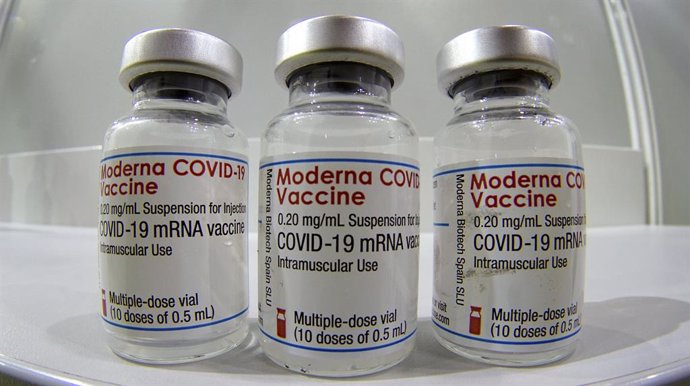 17 February 2021, Berlin: Three vials of the Moderna COVID-19 vaccine can be seen in a new coronavirus vaccination center at Velodrom arena. Photo: Michael Sohn/POOL AP/AP