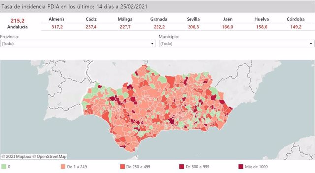Mapa de incidencia del Covid en Andalucía por municipios a 25 de febrero de 2021