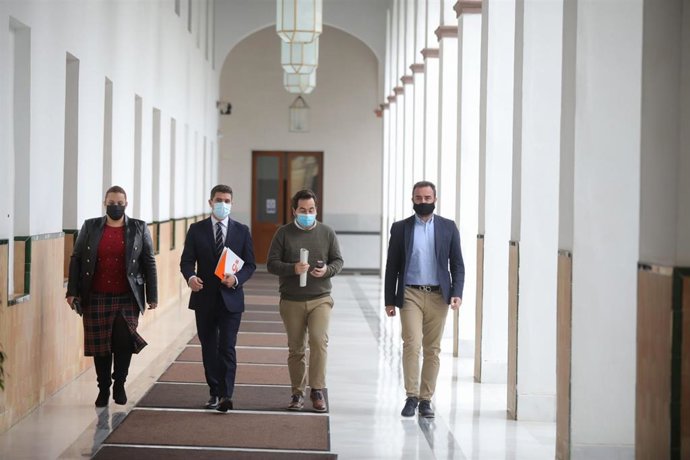 El portavoz de Cs, Sergio Romero, el segundo por la izquierda, este jueves en los pasillos del Parlamento.