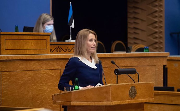 Kaja Kallas durante su juramento como primera ministra de Estonia.