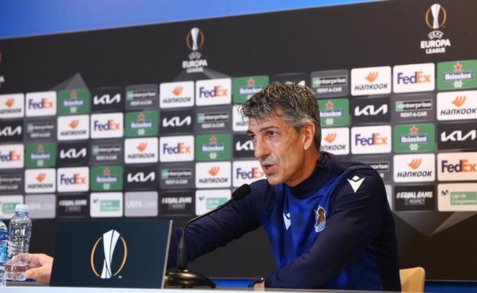 El entrenador de la Real Sociedad, Imanol Alguacil, en rueda de prensa previa a un partido de Liga Europa