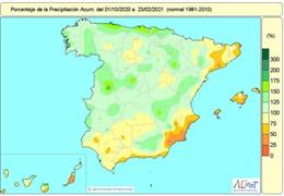 Mapa de precipitaciones acumuladas en España desde el 1 de octubre de 2020 hasta el 23 de febrero de 2021.