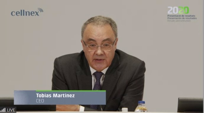 Tobías Martínez, consejero delegado de Cellnex Telecom en la presentación de resultados de 2020 telemática el 26 de febrero de 2021