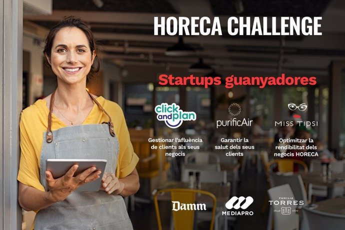 Cartel de promoción del Horeca Challenge, lanzado por Mediapro, Damm y Familia Torres para encontrar proyectos de ayuda al sector de la restauración. C