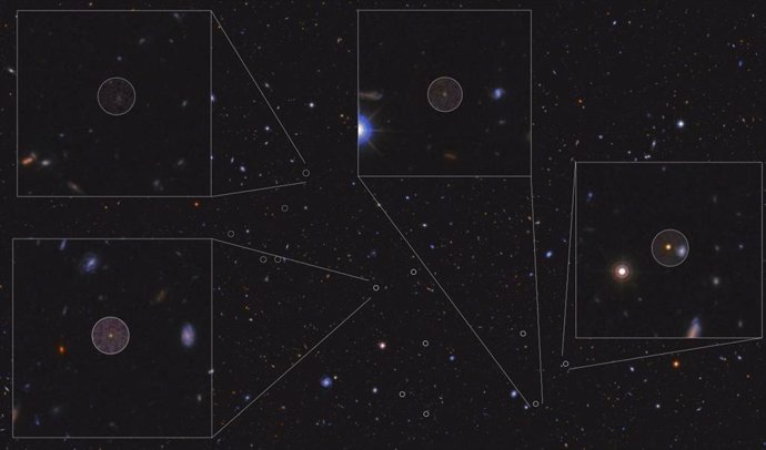 Imagen del cúmulo de galaxias en formación estudiado, a 12.500 millones de años luz. Los círculos señalan los nuevos miembros descubiertos con el GTC; 4 de ellos se muestran en detalle.