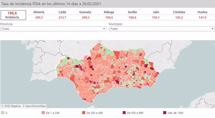 Mapa de incidencia del Covid-19 en Andalucía por municipios a 26 de febrero de 2021