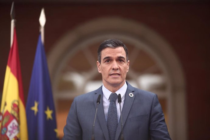 El presidente del Gobierno, Pedro Sánchez, en rueda de prensa en el Palacio de la Moncloa.