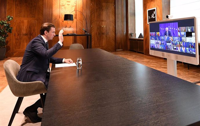 25 February 2021, Austria, Vienna: Austrian Chancellor Sebastian Kurz takes part via videolink in a special EU summit of heads of state and governments. Photo: Helmut Fohringer/APA/dpa