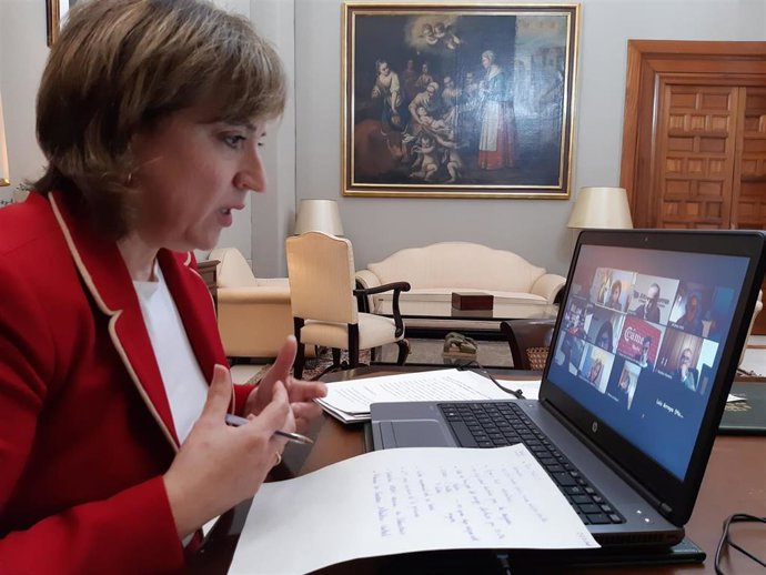 La delegada del Gobierno en Andalucía, Sandra García, durante la reunión telemática.