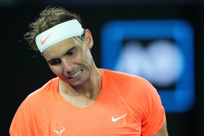 Rafael Nadal of Spain reacts during his Men's singles quarter finals match against Stefanos Tsitsipas of Greece on Day 10 of the Australian Open at Melbourne Park in Melbourne, Wednesday, February 17, 2021. (AAP Image/Dave Hunt) NO ARCHIVING, EDITORIAL 