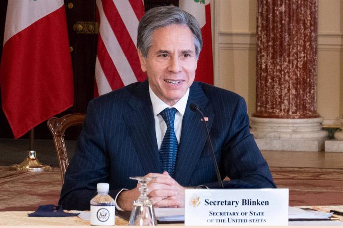El secretario de Estado de Estados Unidos, Antony Blinken, en su reunión virtual con México.