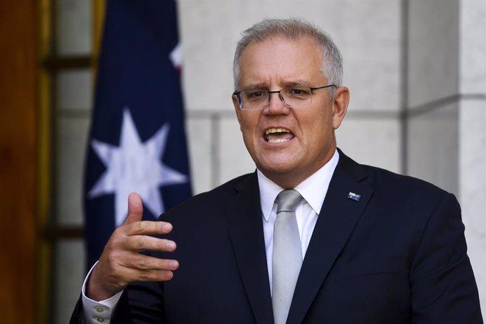 Australian Prime Minister Scott Morrison speaks to the media during a press conference at Parliament House in Canberra, Tuesday, February 23, 2021. (AAP Image/Lukas Coch) NO ARCHIVING