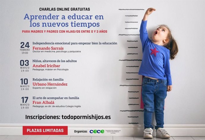 Charlas online gratuitas para Aprender a educar en los nuevos tiempos. Profesionales de reconocido prestigio comparten con familias de La Rioja herramientas para guiar la primera etapa de la infancia.