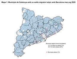Mapa de municipios de Catalunya con un saldo migratorio atípico con Barcelona entre marzo y agosto de 2020