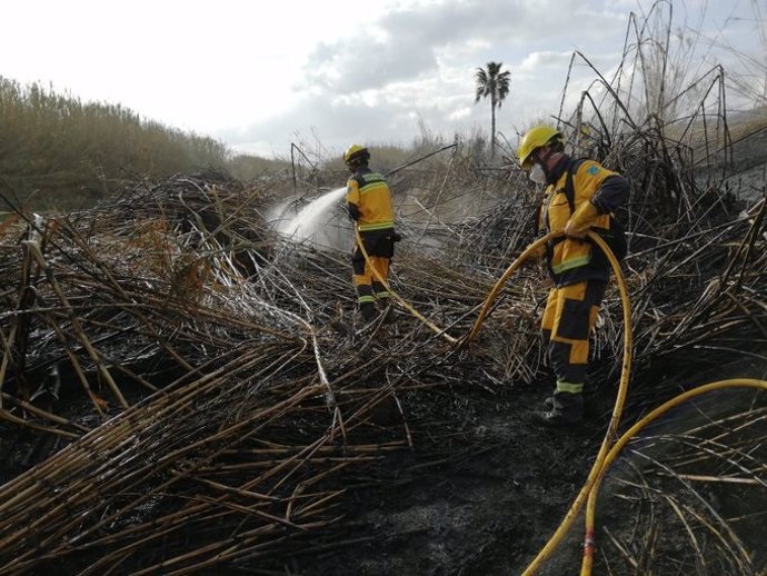 Efectivos trabajando en el incendio forestal declarado en el Torrent de Sant Miquel.