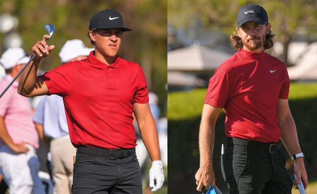 Los golfistas Cameron Champ y Tommy Fleetwood, de rojo y negro en honor al accidentado Tiger Woods