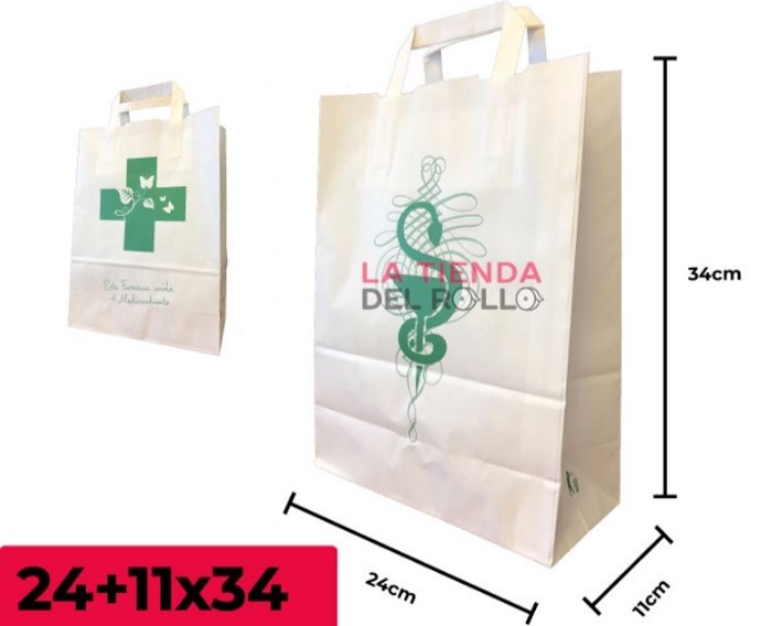 250 Bolsas Papel FARMACIA Asa Plana 24+1134 Cm