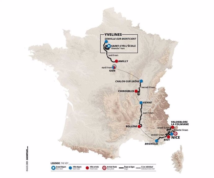 Recorrido de la París-Niza 2021, prueba del calendario WorldTour de la UCI que se disputará entre el 7 y 14 de abril
