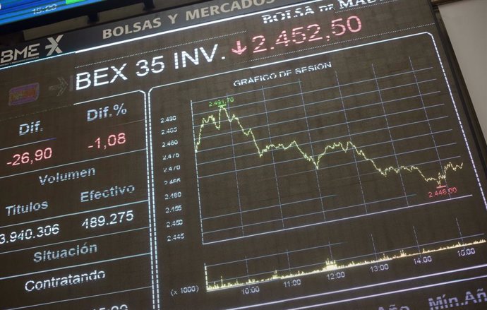Valores económicos en el Palacio de la Bolsa de Madrid (España), a 19 de febrero de 2021. El Ibex 35 experimentaba un alza del 0,7% en la media sesión de este viernes, lo que llevaba al selectivo a situarse en los 8.114,6 enteros a las 12.01 horas, en u
