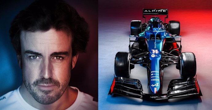El piloto español de Fórmula 1 Fernando Alonso, junto al A521 del Alpine F1 Team que pilotará en el Mundial 2021