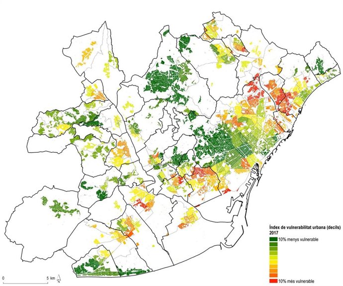 Mapa de la vulnerabilidad urbana en el área metropolitana de Barcelona.