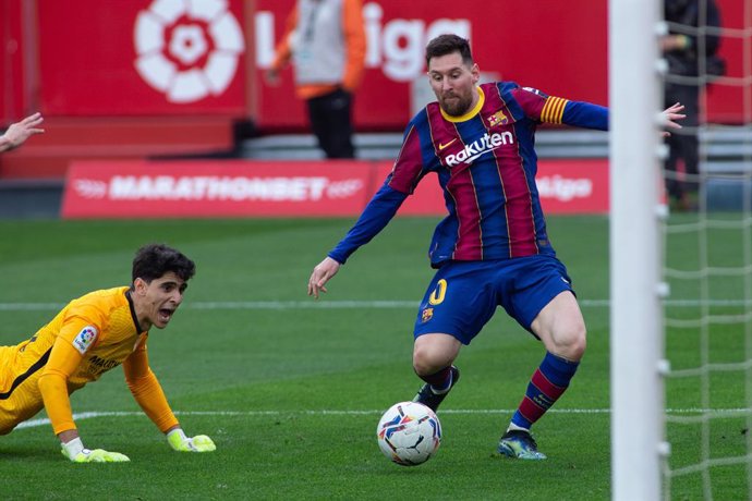 Goal of Lionel Messi of Barcelona during LaLiga, football match played between Sevilla Futbol Club and Futbol Club Barcelona at Ramon Sanchez Pizjuan Stadium on February 27, 2021 in Sevilla, Spain.