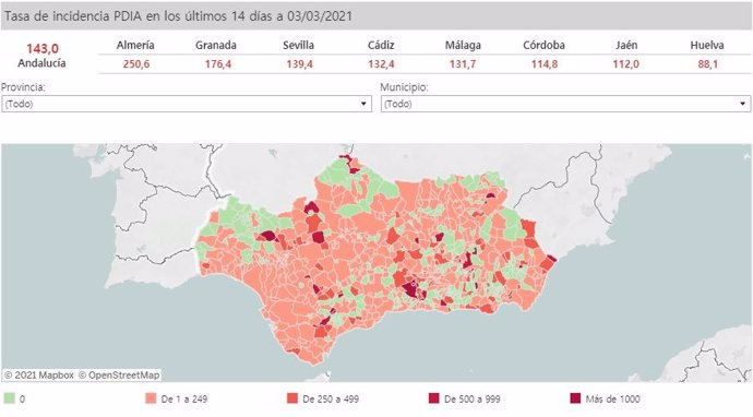 Mapa de Andalucía con nivel de incidencia de Covid-19 por municipios a 3 de marzo de 2021