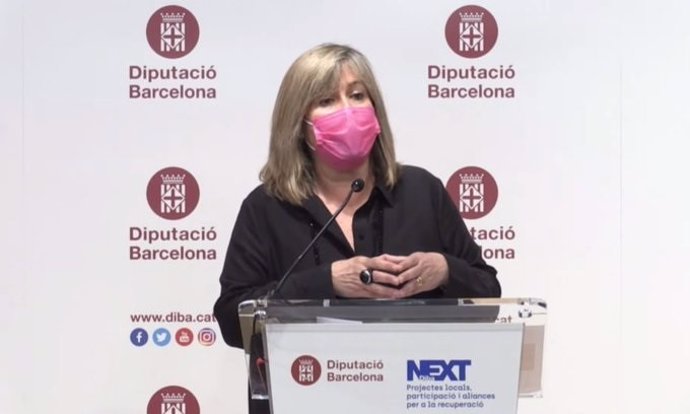 La presidenta de lal Diputación de Barcelona, Núria Marín, durante una rueda de prensa telemática.