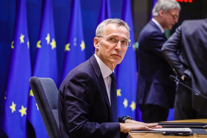 HANDOUT - 26 February 2021, Belgium, Brussels: The North Atlantic Treaty Organization (NATO) Secretary General Jens Stoltenberg attends a video conference with the EU leaders on European security, defence policy and relations with their southern neighbo