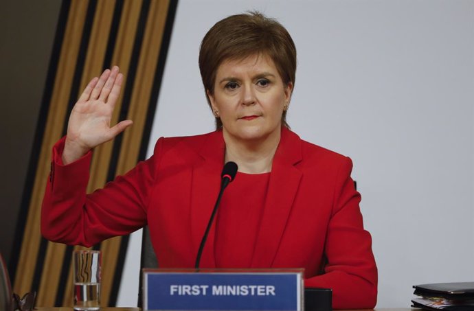 HANDOUT - 03 March 2021, United Kingdom, Edinburgh: First Minister of Scotland Nicola Sturgeon takes an oath before giving evidence to the Scottish Parliament's Committee on the Scottish government handling of harassment allegations against former first
