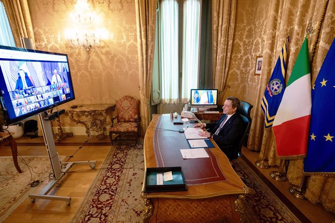 HANDOUT - 25 February 2021, Italy, Rome: Italian Prime Minister Mario Draghi takes part via videolink in a special EU summit of heads of state and governments on the Coronavirus pandemic. Photo: Filippo Attili/Italian Government/dpa - ATTENTION: editori