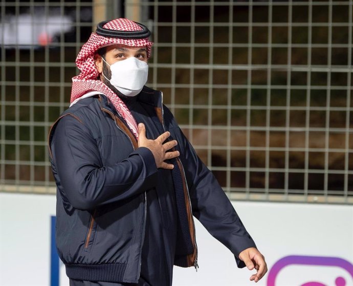27 February 2021, Saudi Arabia, Ad Diriyah: Saudi Crown Prince Mohammed bin Salman attends the second round of the 2021 Diriyah E-Prix of the FIA Formula E World Championship. Photo: -/Saudi Press Agency/dpa