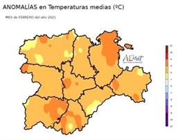 Mapa facilitado por la Aemet sobre las temperaturas medias registradas en CyL en febrero