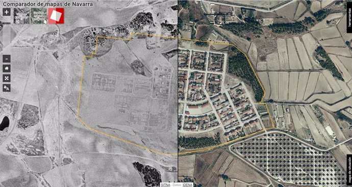 Comparación de las fotos aéreas de Rada en 1957, durante la construcción de la localidad, y en 2020.