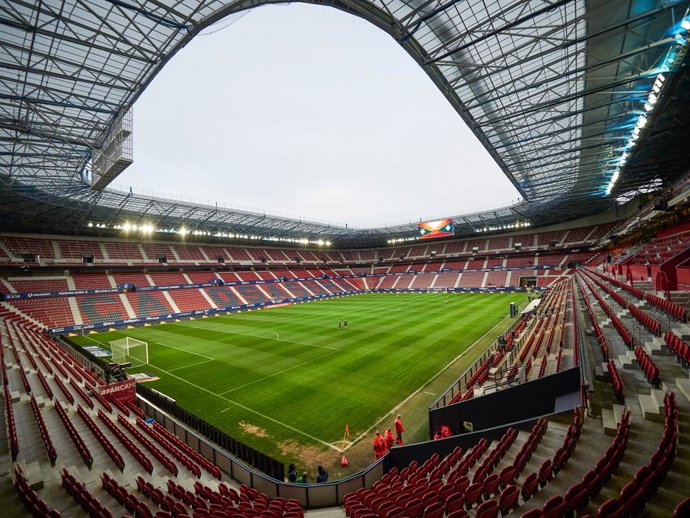 Panoramic view  of Sadar Stadium before the spanish league, LaLiga, football match played between CA Osasuna v  SD Eibar at El Sadar Stadium on february 7, 2021 in Pamplona, Navarra, Spain.