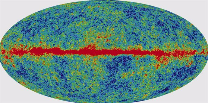 Imagen de la distribución del fondo de radiación cósmico unos 700 000 años después del Big Bang o Gran Explosión. Generalmente se asume que pudo haber tenido lugar hace unos 13 700 millones de años.