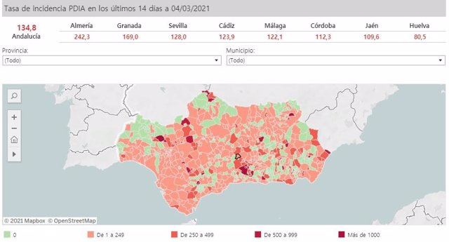 Mapa de Andalucía con nivel de incidencia de Covid-19 por municipios a 4 de marzo de 2021